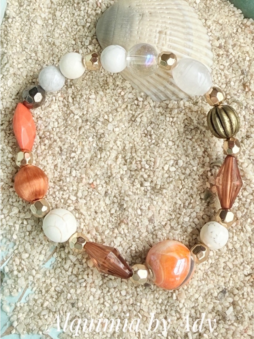 Orange, White turquoise and Gold Beaded Stretch Bracelet